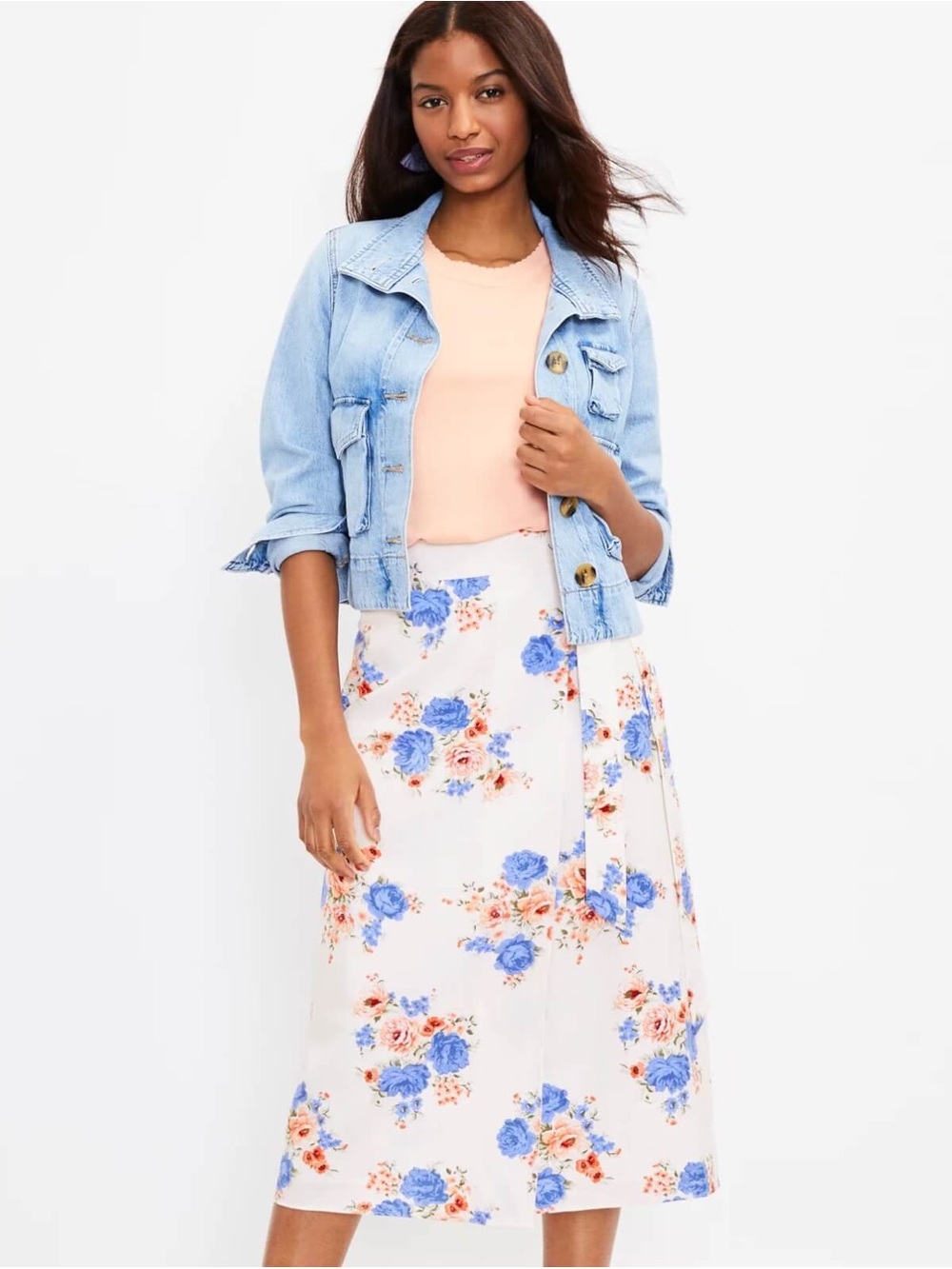 NEW LOFT Linen Blend Floral White Wrap Midi Skirt Blue White Size 10 *1159